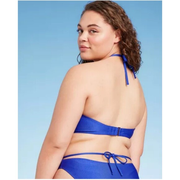 Women's Shade and Shore Lightly Lined Ribbed Halter Bikini Top Blue 36DD - Picture 2 of 6